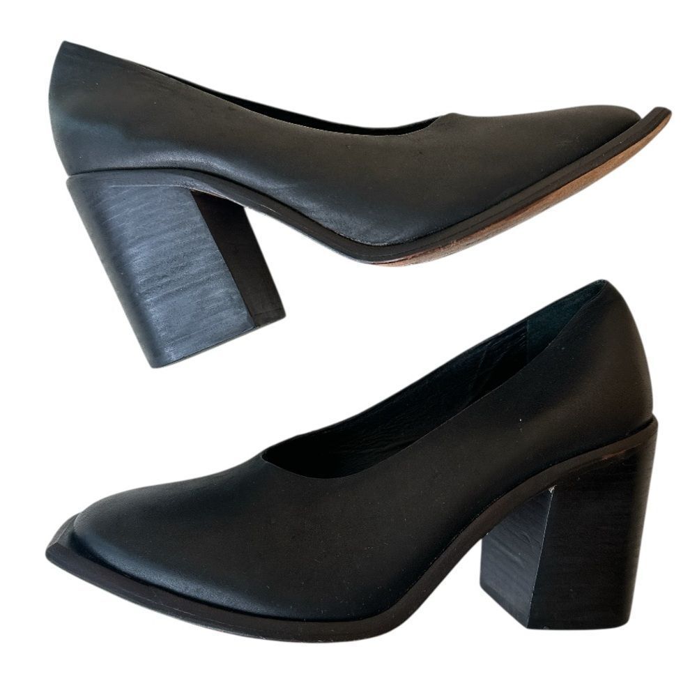 WAL & PAI Leather Black Square Toe Slip Heels - Picture 4 of 9